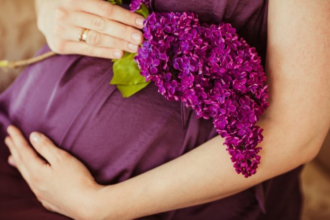 Gravid mave med lilla blomster - under graviditet